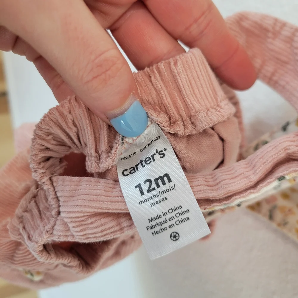 Carter’s Baby Girl Pink Corduroy Suspender Skirt Floral‎ Kitty 12M